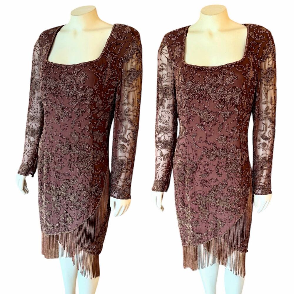 Oleg Cassini Silk Beaded Fringe Brown Long Sleeve Vintage Dress Sz 12